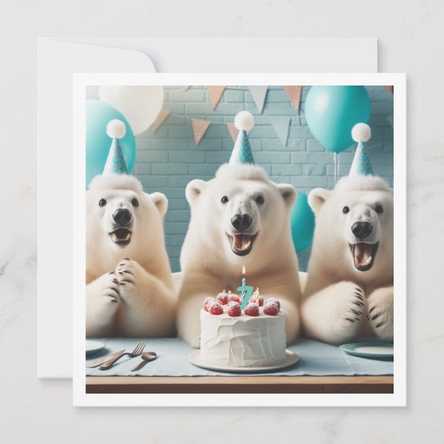 Polar bears eating cake, bear birthday invitation (Front)