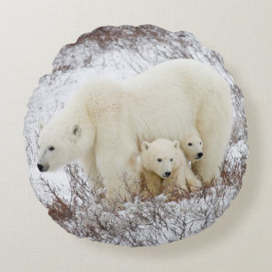 Polar Bears female and Two cubs Round Cushion