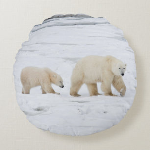 Polar Bears female and Two cubs Round Cushion