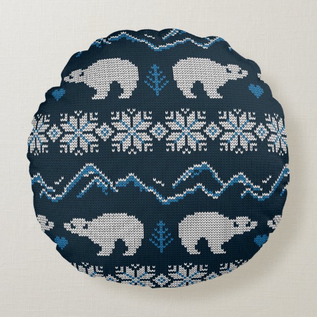 Polar Bears Knitted Winter Pattern Round Cushion (Front)