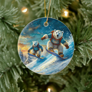 Polar Bears on Snowboards Design By Rich AMeN Gill Ceramic Ornament
