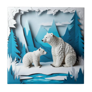 Polar Bears Papercraft Scene in Blue Arctic Forest Ceramic Tile