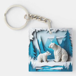 Polar Bears Papercraft Scene in Blue Arctic Forest Key Ring