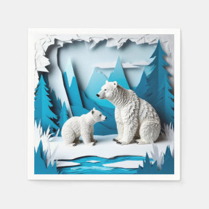 Polar Bears Papercraft Scene in Blue Arctic Forest Napkin