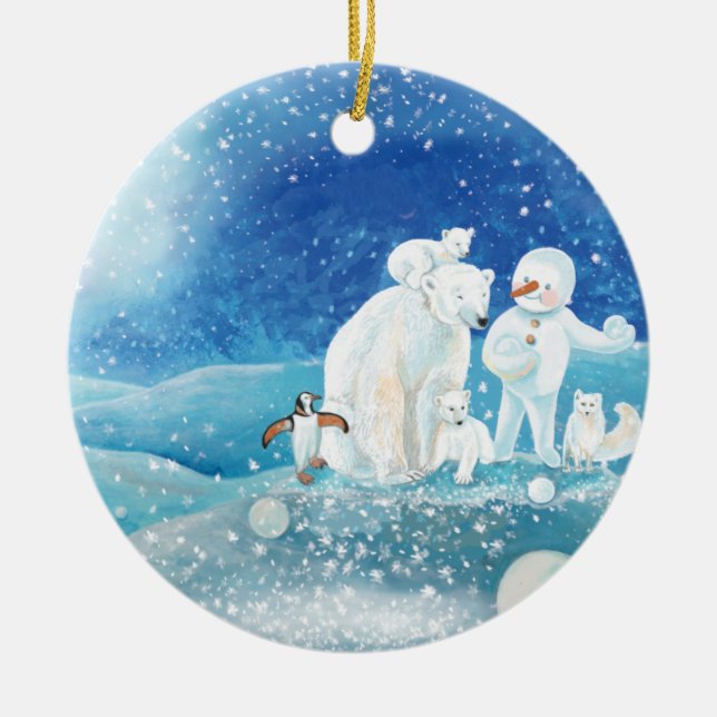 Polar Bears, Polar Fox, Emperor penguin & Snowman  Ceramic Ornament (Front)