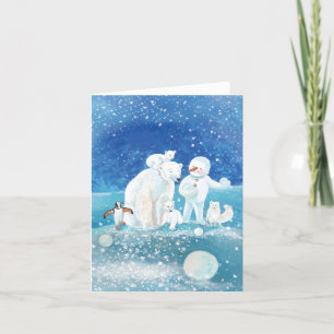 Polar Bears, Polar Fox, Emperor penguin & Snowman  Holiday Card