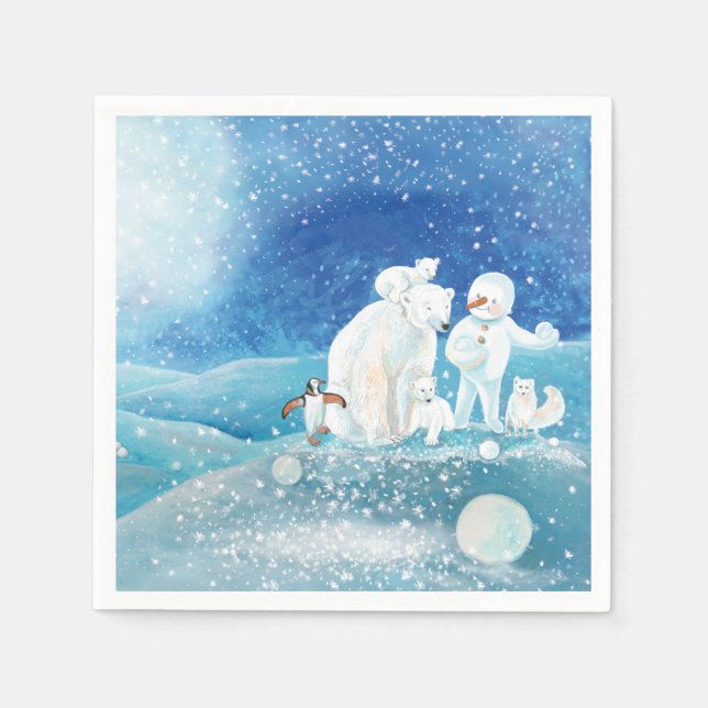 Polar Bears, Polar Fox, Emperor penguin & Snowman  Napkin (Front)