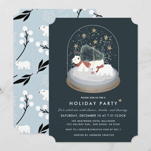 Polar Bears Snow Globe Navy Business Holiday Party Invitation (Front/Back)
