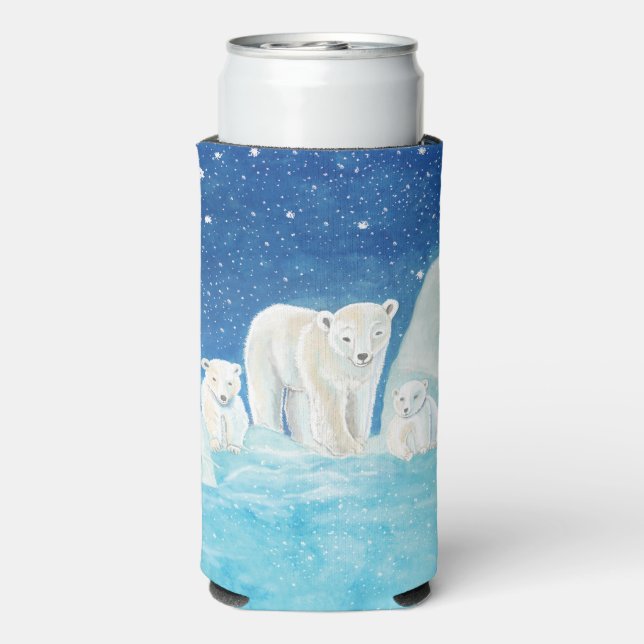 Polar Bears & Snowy Landscape Illustration   Seltzer Can Cooler (Seltzer Back)