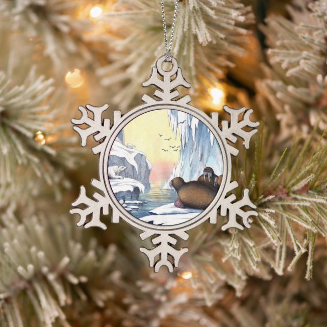 Polar Bears, Walrus, And Seals Snowflake Pewter Christmas Ornament (Tree)