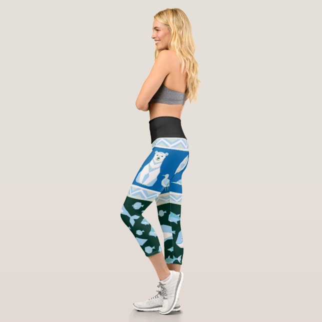 Polar bears whales fish seagulls pattern capri leggings (Left)