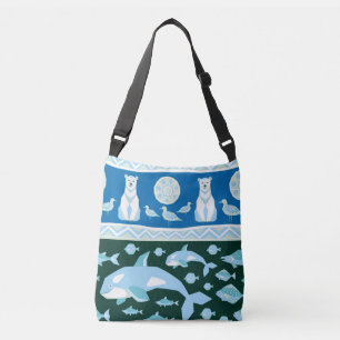 Polar bears whales fish seagulls pattern crossbody bag