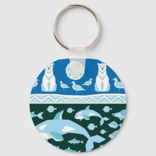 Polar bears whales fish seagulls pattern key ring