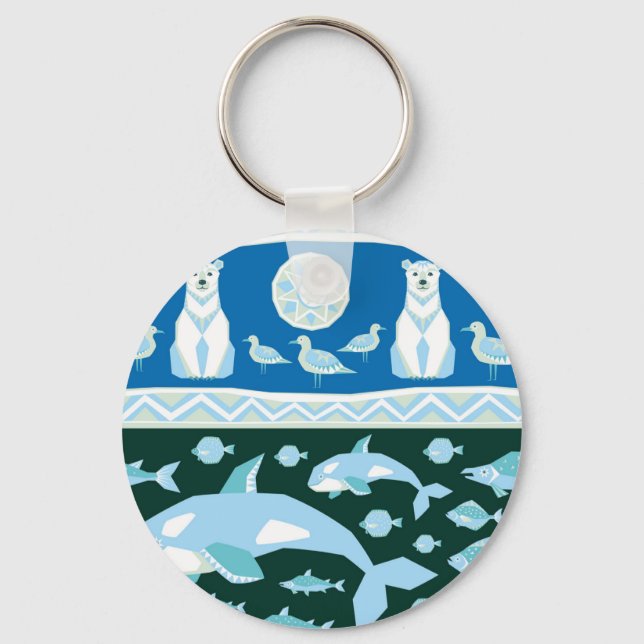Polar bears whales fish seagulls pattern key ring (Front)