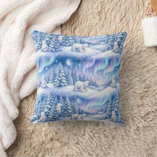 Polar Bears Winter Wonderland Aurora Moon Throw Pi Cushion