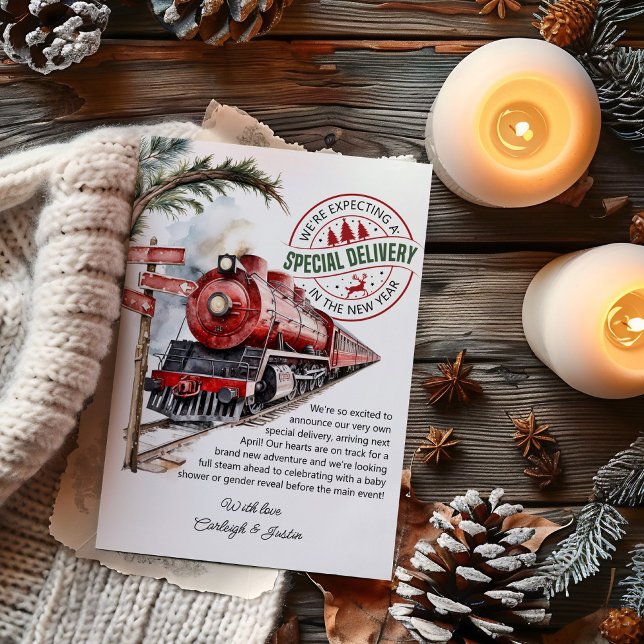 Polar Express Train Special Delivery Pregnancy Holiday Card (Christmas Card Pregnancy Announcement. Special delivery baby reveal with polar express train theme)