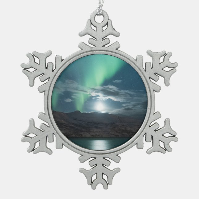 Polar Lights Full Moon Snowflake Pewter Christmas Ornament (Front)