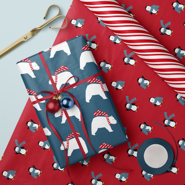 Polar Opposites- Christmas Wrapping Paper Trio 1 (Gift Wrap Sheet Trio: Modern Polar Bears, Candy Cane Stripes, Cheerful Penguins.)
