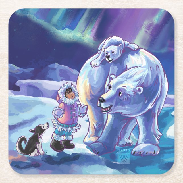 Polar Pals Painting Square Paper Coaster (Front)
