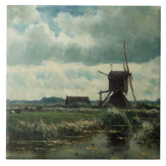 Polder landscape with windmill, Willem Roelofs Ceramic Tile