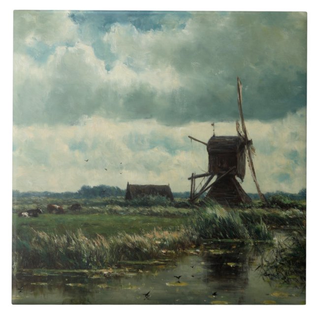Polder landscape with windmill, Willem Roelofs Ceramic Tile (Front)