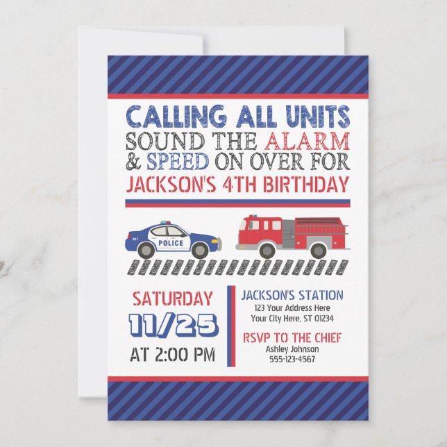 Police and Fire Birthday Invitation with Envelopes (Front)