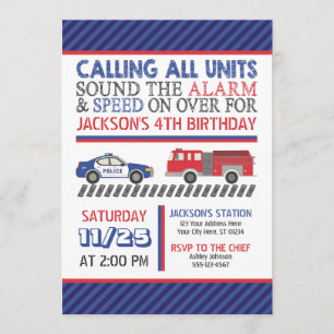 Police and Fire Birthday Invitation with Envelopes