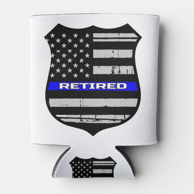 Police Badge Blue Line Retired Can Cooler (Front)