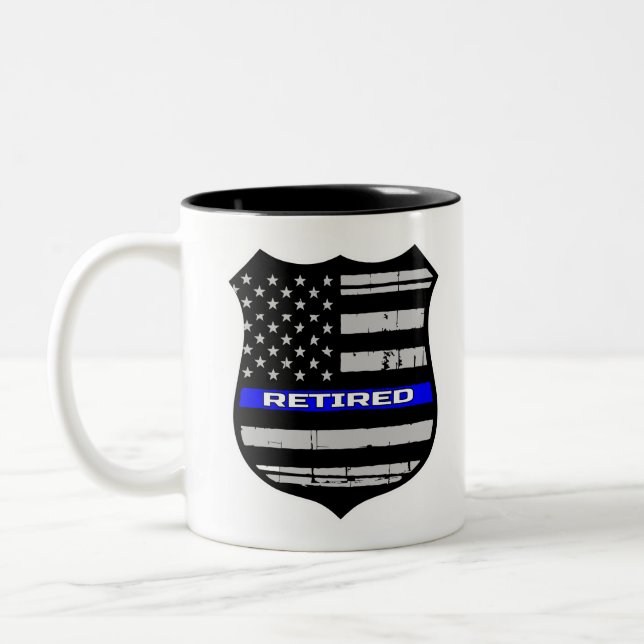 Police Badge Blue Line Retired Two-Tone Coffee Mug (Left)