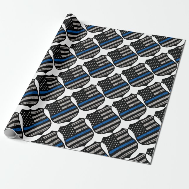 Police Badge Blue Line Wrapping Paper (Unrolled)
