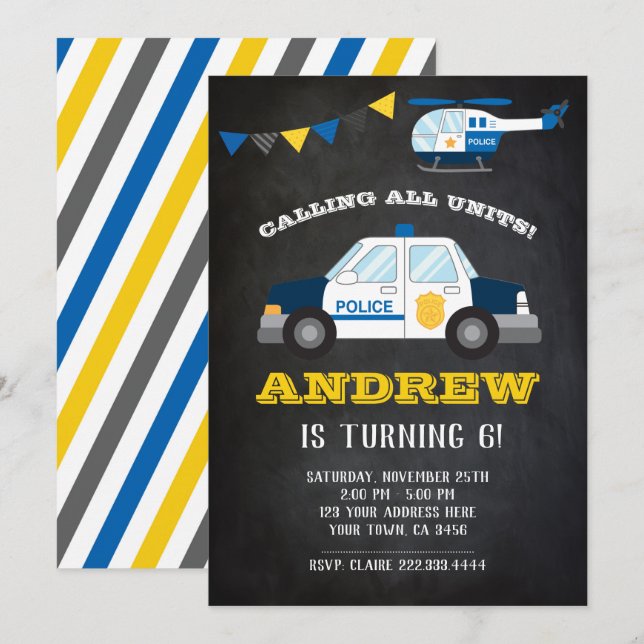 Police Birthday Invitation Chalkboard (Front/Back)