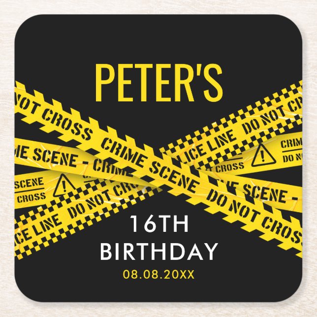 Police Birthday with Yellow Crime Scene Tapes Square Paper Coaster (Front)