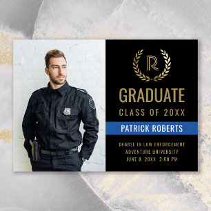 Police Black Gold Laurel Wreath Photo Graduation Announcement