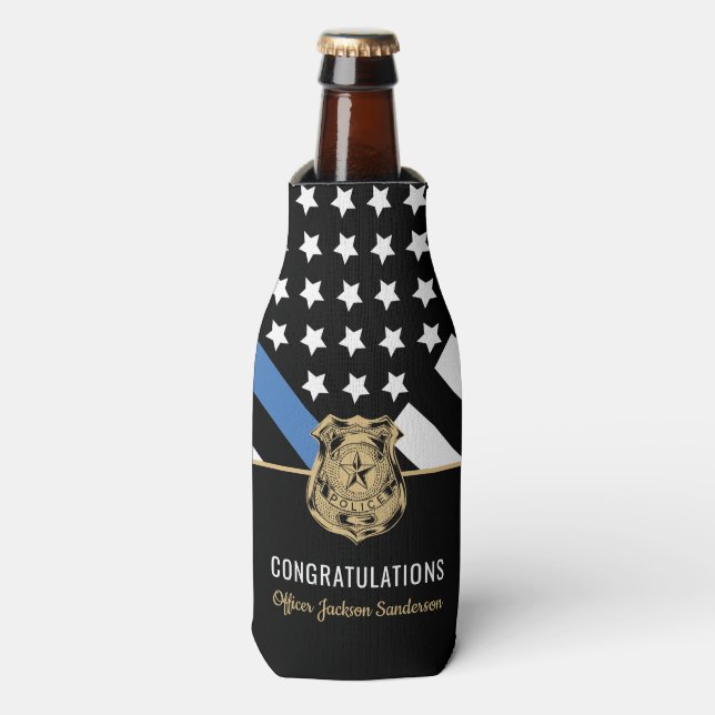 Police Blue Line Flag Congratulations Retirement Bottle Cooler (Bottle Front)