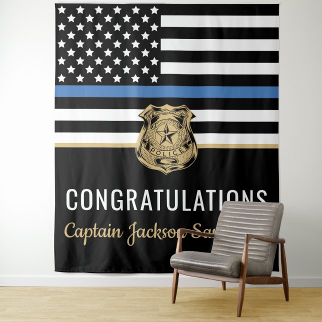 Police Blue Line Flag Congratulations Retirement Tapestry (In Situ)