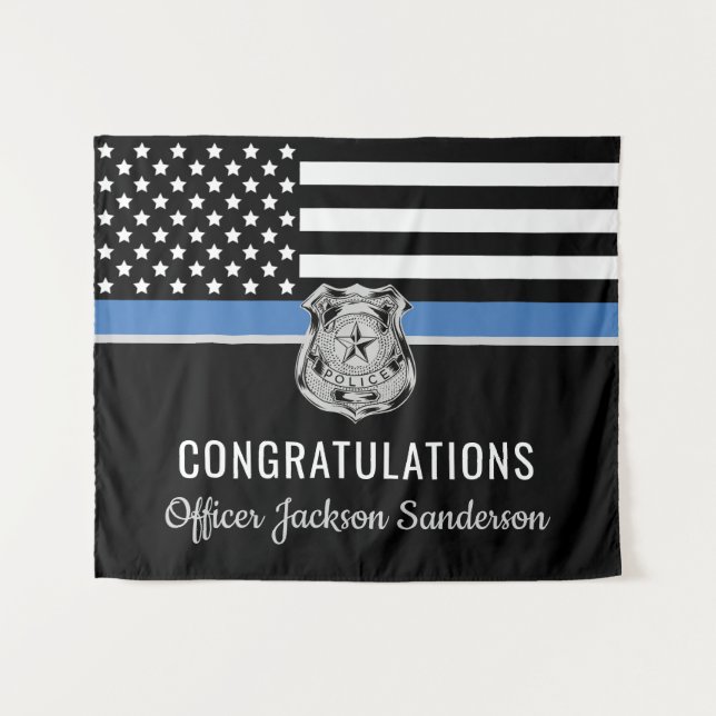 Police Blue Line Flag Congratulations Retirement Tapestry (Front (Horizontal))
