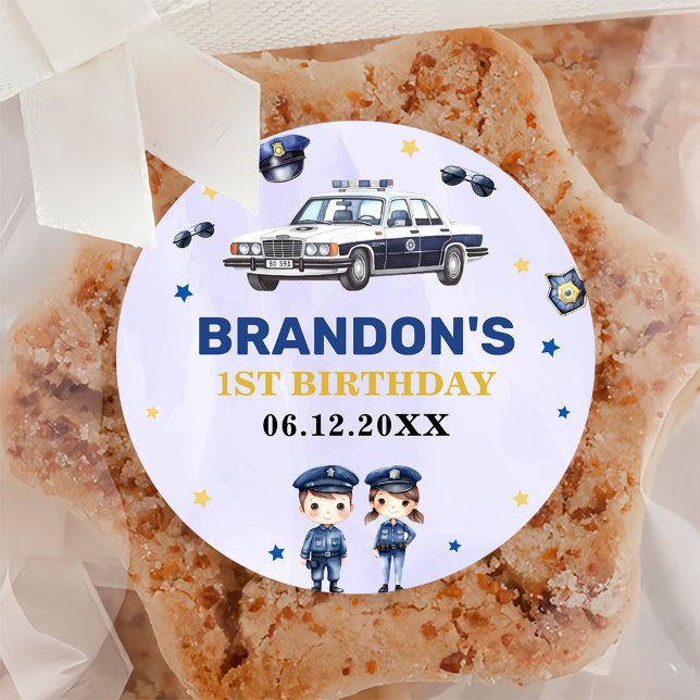 Police Boy 1st Birthday Party  Classic Round Sticker (Creator Uploaded)