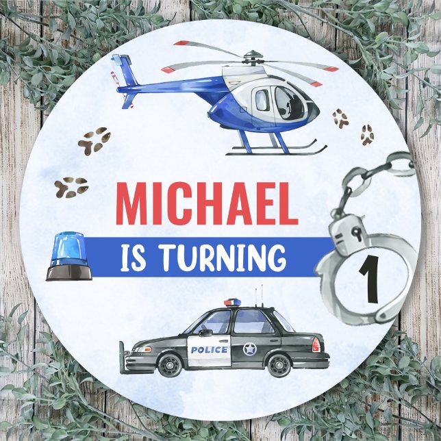 Police Boy 1st Birthday Party  Classic Round Sticker (Creator Uploaded)
