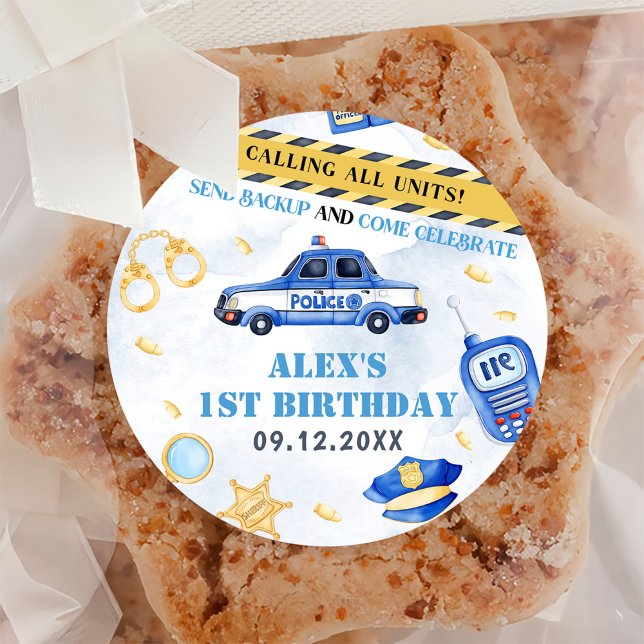 Police Boy 1st Birthday Party Classic Round Sticker (Creator Uploaded)