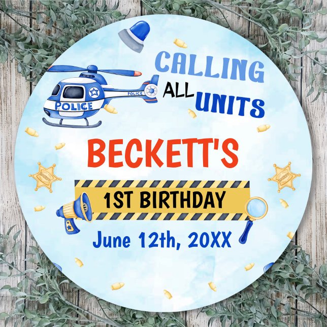 Police Boy 1st Birthday Party Classic Round Sticker (Creator Uploaded)