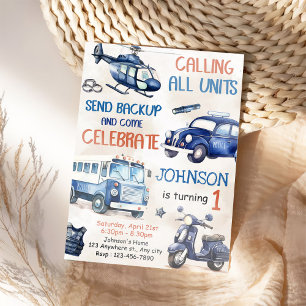 Police Boy 1st Birthday Party Invitation