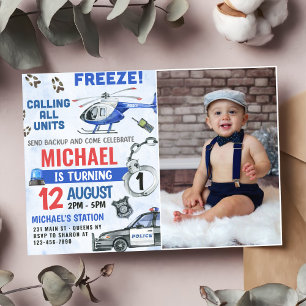 Police Boy 1st Birthday Party Photo Invitation
