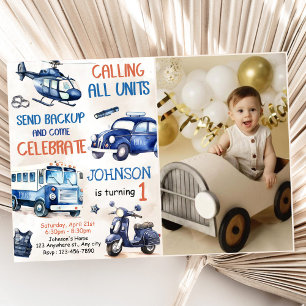 Police Boy 1st Birthday Party Photo Invitation