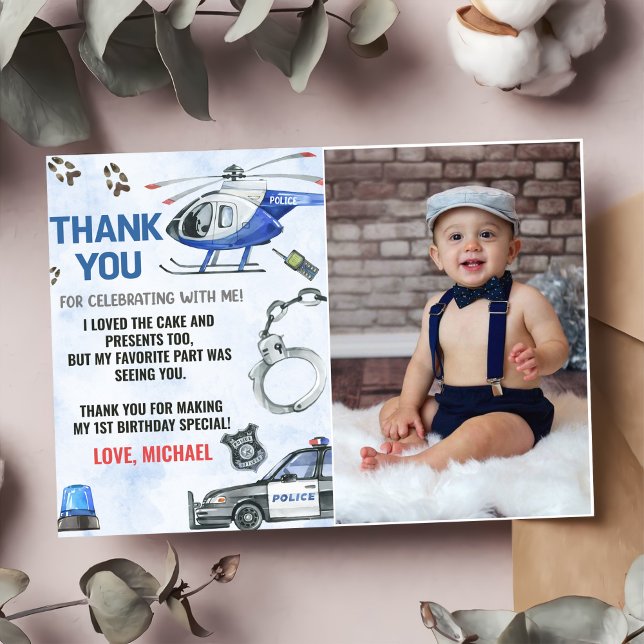 Police Boy 1st Birthday Party Photo Thank You Card (Creator Uploaded)