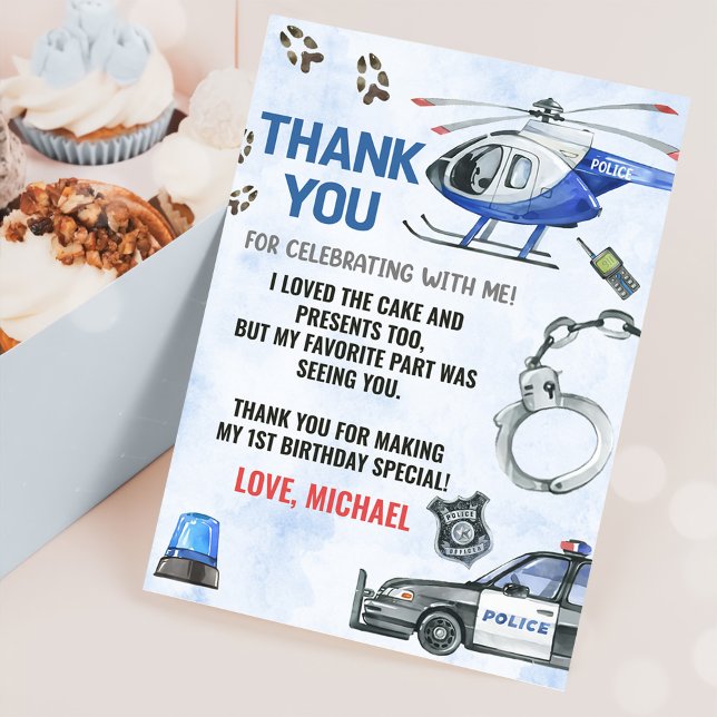 Police Boy 1st Birthday Party Thank You Card (Creator Uploaded)