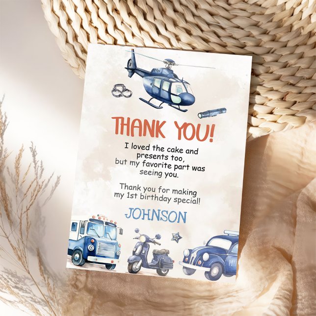 Police Boy 1st Birthday Party Thank You Card (Creator Uploaded)