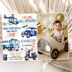 Police Boy 2nd Birthday Party Photo Invitation
