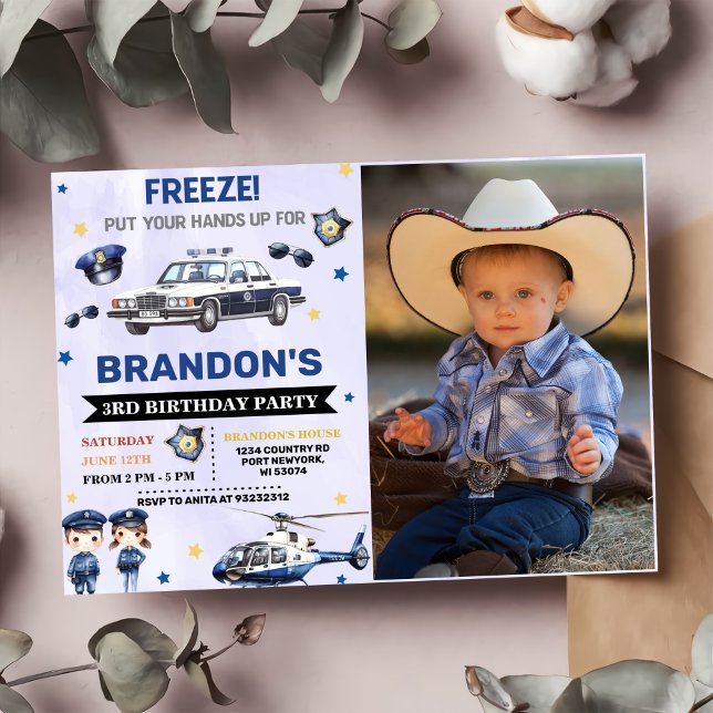 Police Boy 3rd Birthday Party Photo Invitation (Creator Uploaded)