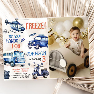 Police Boy 3rd Birthday Party Photo Invitation