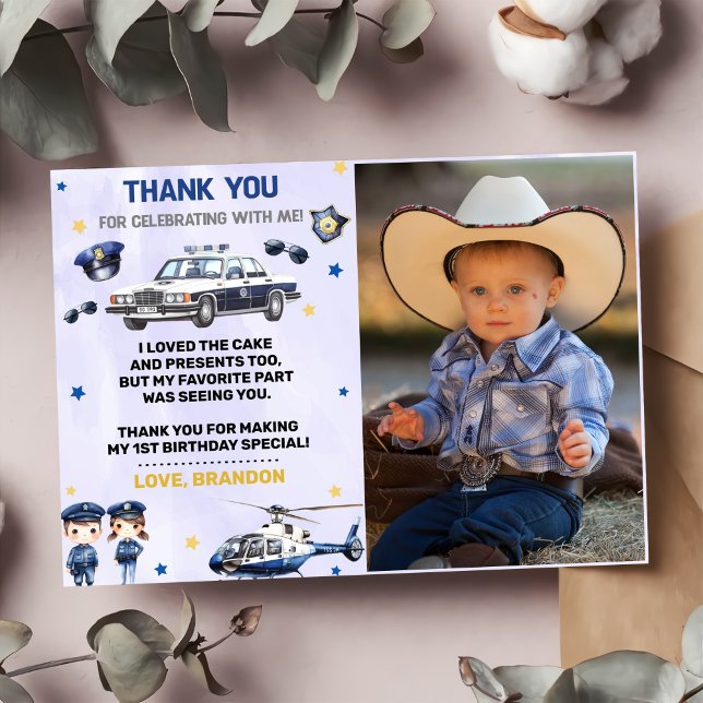 Police Boy Birthday Party  Photo Thank You Card (Creator Uploaded)